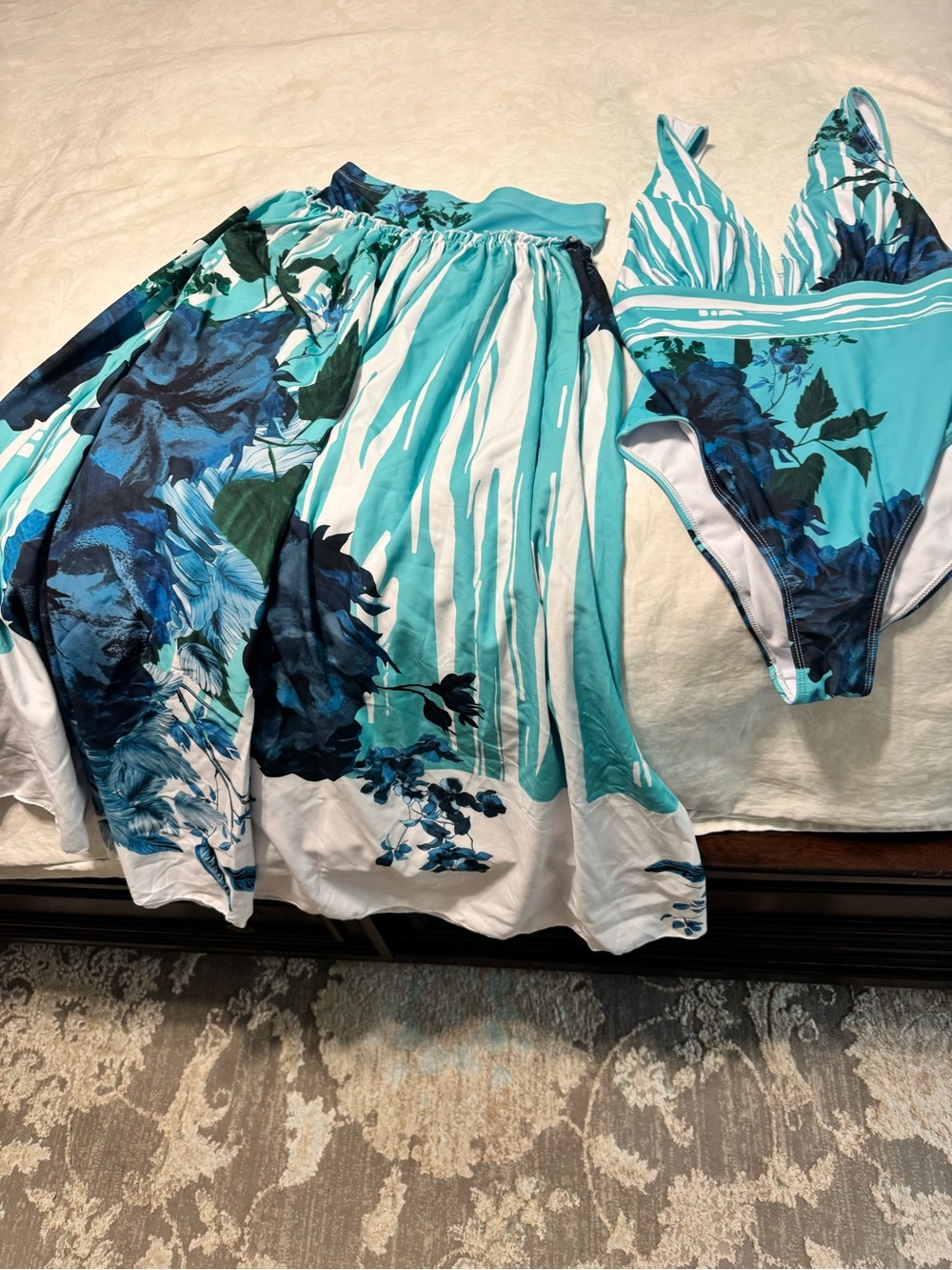 Women’s Blue Floral One-Piece Swimsuit with V-Neck and Matching Skirt